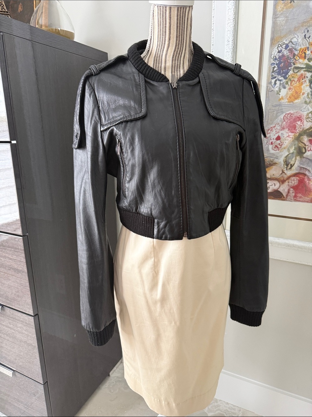 BCBGMaxAzria Black Cropped Leather Bomber Jacket